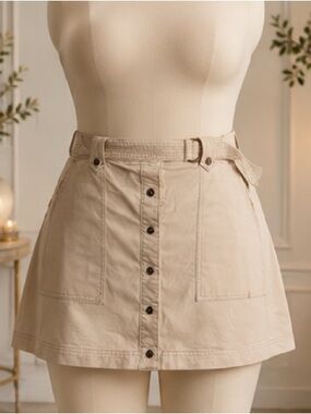 White House Black Market Cream Button-Front Mini Skirt with Belt